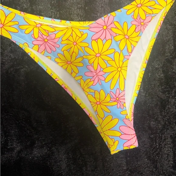 Floral Daisy Bikini One-Piece for Kids - Yellow & Pink Flowers on Blue - Picture 7 of 7